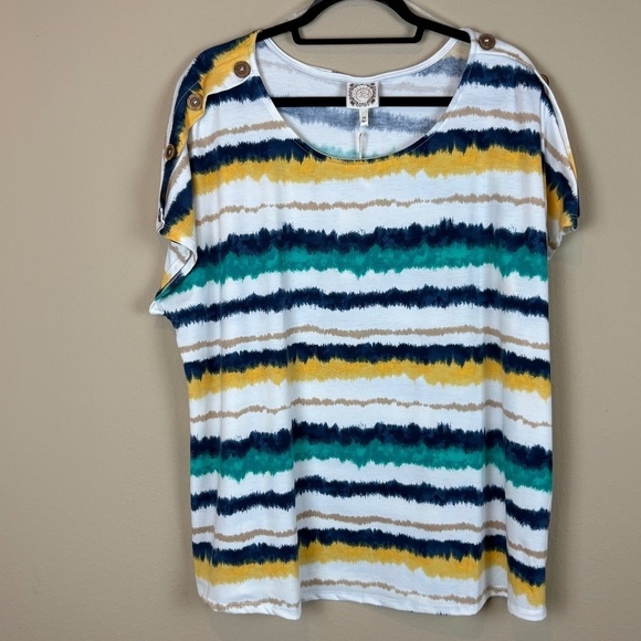 NWT Truself Blue/Yellow/Green/White Striped Short Sleeve Crewneck Pullover Top - Picture 1 of 8